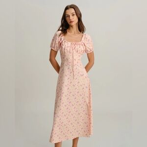 RIHOAS Pink Floral Square Neck Puffed Sleeve Midi Dress XS